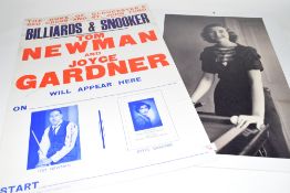 Advertising poster - Billiards & Snooker Tom Newman and Joyce Gardner will appear here, undated,