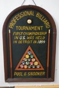 Contemporary wooden advertising board marked 'Professional Billiard Tournament' decorated with