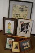 Mixed Lot comprising a watercolour study of a boxer, indistinctly signed, three coloured prints