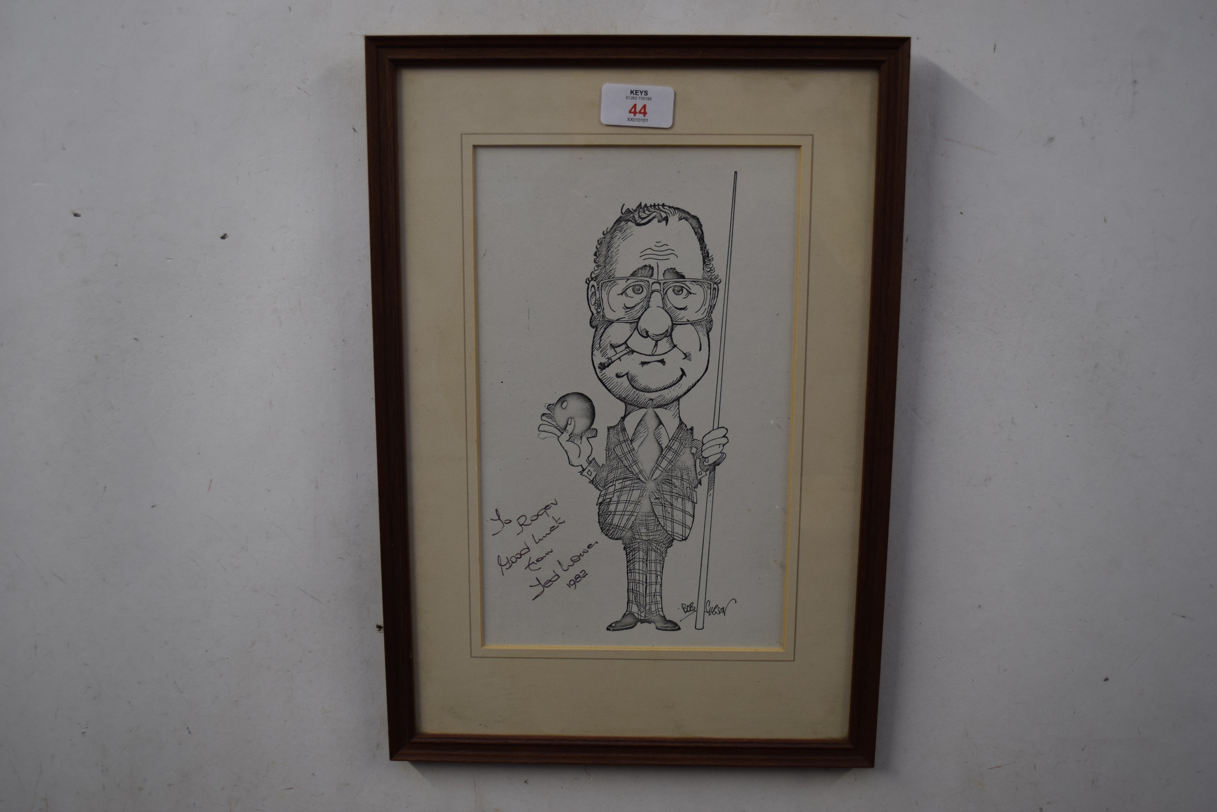 Bob Gibson, caricature of commentator Ted Lowe, black and white print with personalised presentation