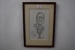 Bob Gibson, caricature of commentator Ted Lowe, black and white print with personalised presentation