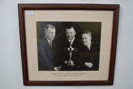 Black and white photograph, Joe Davis and Horace Lindrum, with promotor Bill Camkin, the