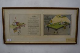 Billiards, a poetical story of James McPherson and dog, coloured print with text, f/g, 71cm wide