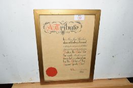 Framed certificate, A tribute to Miss Joyce Gardner, whose outstanding achievement in defeating