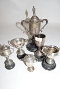 Group of six various small silver trophy cups with turned wooden bases, largest approx 23cm high,