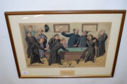 Edmund Lavrate (French, 19th century), 'Une Parti interessee', coloured caricature print of monks,