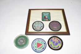 Mixed lot comprising three framed billiards fabric badges, the England badge New Zealand 1964, the