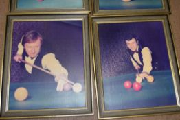 Set of four photographic prints on canvas of snooker celebrities, John Virgo, Terry Griffiths,