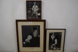 Three black and white photographs, Walter Lindrum, Tom Newman, and Jim Wych, all f/g, largest 53cm