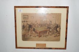 After Henry Bunbury, coloured caricature print of billiards players (a/f), f/g, 46cm wide