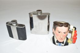 Royal Doulton small character jug 'The Snooker Player', together with two stainless steel hip