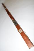 Single piece cue, the stem inlaid with mother of pearl and metal work detail with a hardwood
