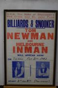 Billiard and Snooker aldvertising poster - Tom Newman and Melbourne Inman will appear here Tuesday