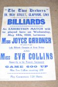 Advertising poster - The Two Brewers, 114 High St, Clapman SW4, Billiards, an exhibition match