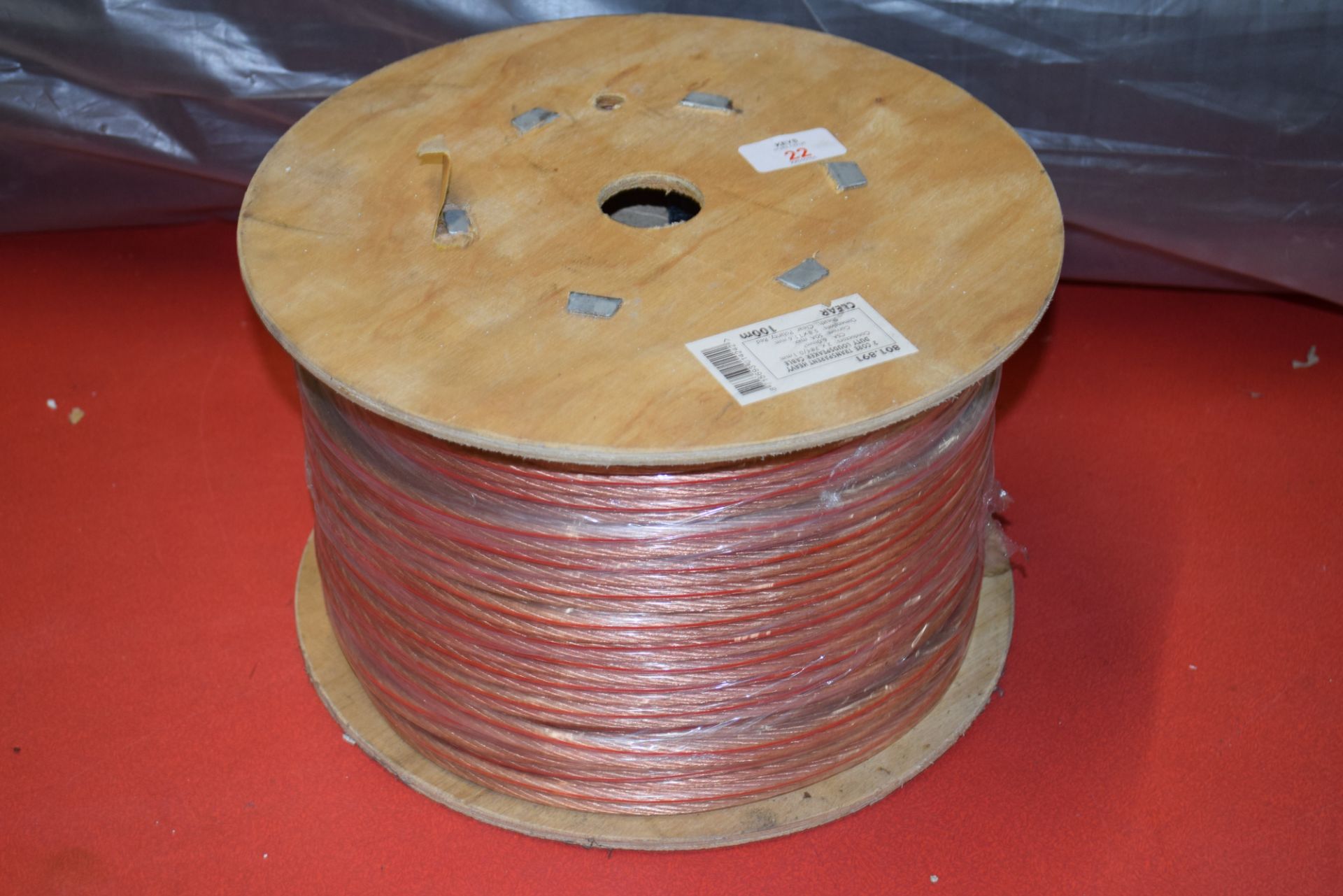 REEL OF TWO CORE TRANSPARENT HEAVY DUTY LOUDSPEAKER CABLE, APPROX 100M, CURRENT 50AMP MAX