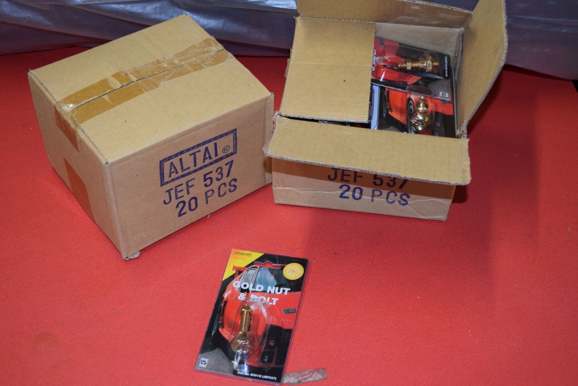 TWO BOXES CONTAINING SOUND LAB AUTO GOLD NUT AND BOLT CONNECTORS, APPROX 20 PIECES PER BOX