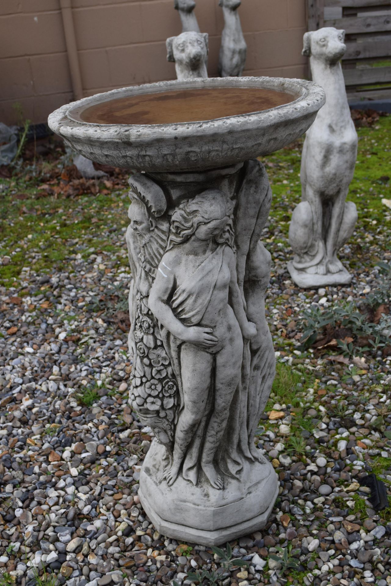 Composite bird bath moulded with female figures, height approx 77cm