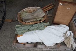 Quantity of canvas tarps and a wicker basket
