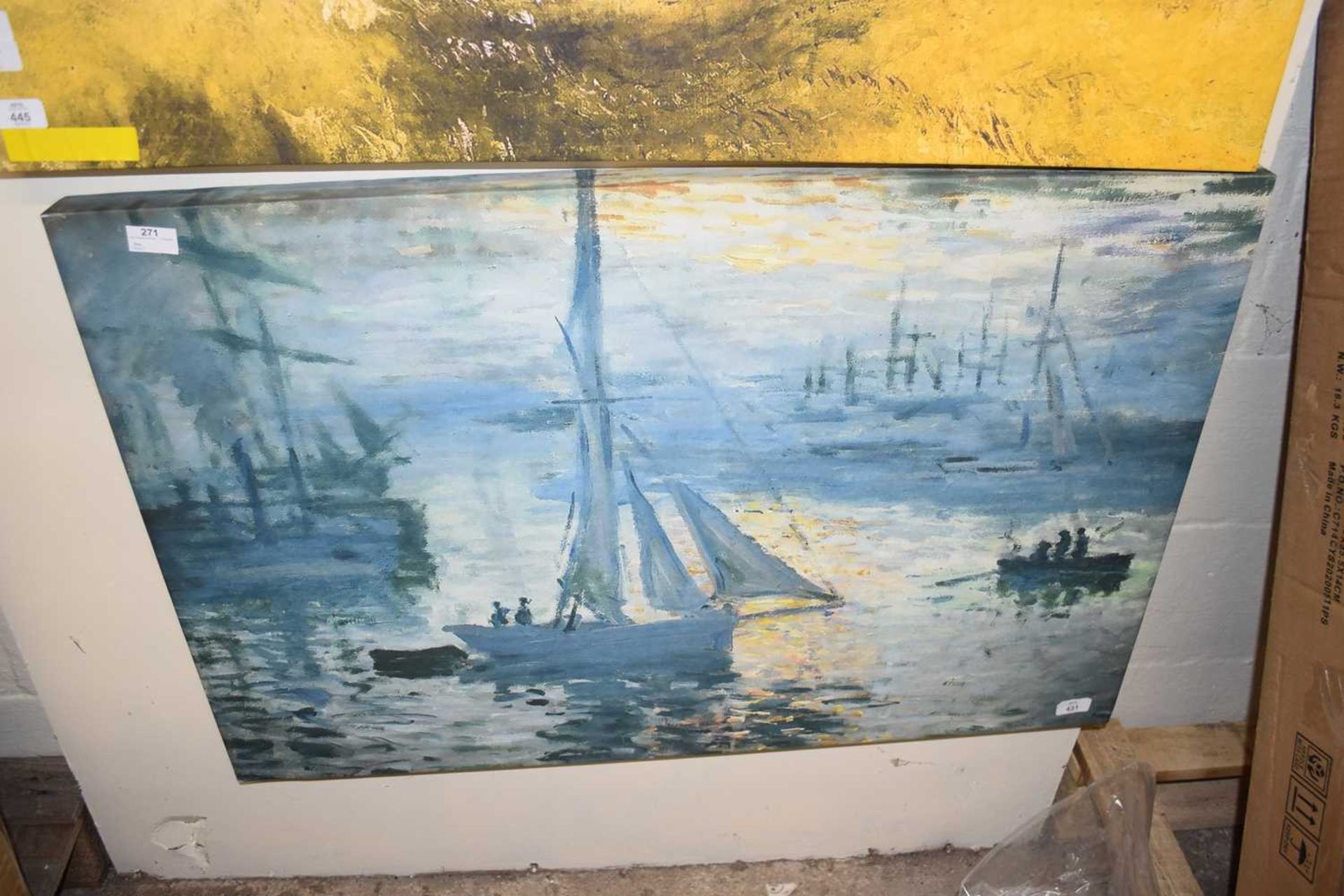 Print of boats on water, canvas, 100 x 65cm