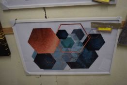 Geometric hexagon teal copper bronze abstract print, 95 x 64cm