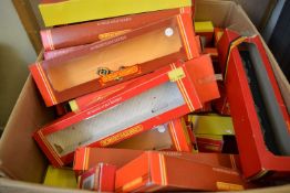 Large box containing various empty cases for Hornby and Tri-ang model railway items
