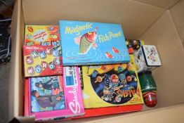 Box of mixed games to include magnetic fish pond, tiddlywinks plus a further jigsaw, Daleks,