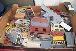 Box of various model railway buildings, bridges and other items, plastic and composition