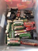 One box mixed toy vehicles to include a range of buses - Corgi and EFE plus various modern Chinese