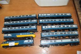 Hornby 00 gauge Intercity 125 engines W430003 and 43010, together with eight various carriages,