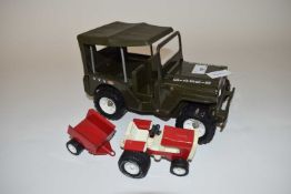 Vintage Tonka Jeep together with a Tonka tractor and trailer