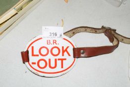 Vintage BR enamelled metal look-out badge with leather strap