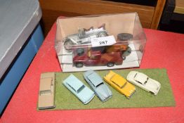 Mixed Lot of toy vehicles to include a range of five Lesney cards mounted on a plate glass base plus