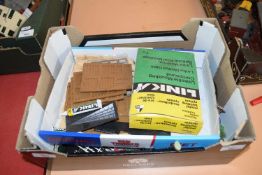 Box of various principally plastic model railway and other sundry fences, bushes, signs etc