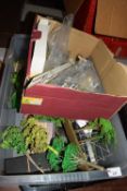 Two boxes of various model railway sundry items to include trees, buildings, etc