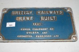 Cast aluminium plaque marked 'British Railways Crewe built 1961 Power Equipment by Sulzer and