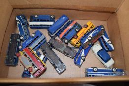 Box of various die-cast toy vehicles, principally buses to include Dinky Toys Duple Roadmaster and
