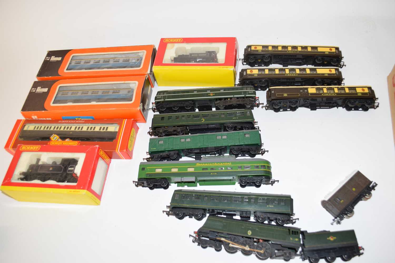 Two boxes various model railway items to include boxed Lima coaches, Hornby Railways GWR composite