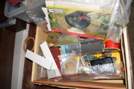 Box of sundry model railway items and others to include various track side buildings, landscape