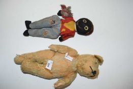 Vintage teddy bear with articulated arms and legs together with a further soft toy (very play worn
