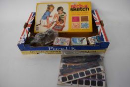 Box of mixed items to include Top Trump cards, Etchasketch game, vintage slide viewer and slides
