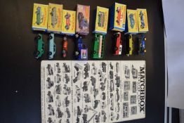 Box various Matchbox toy vehicles and a Matchbox Selector chart