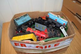 Vintage Chad Valley 0 gauge metal train set with accompanying tracks, turntable, buffers, tankers