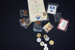 Various collectors pin badges from the Barcelona Olympic games in 1992