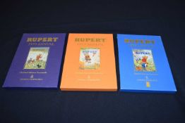 3 rupert Annuals, Limited edition facsimile by express newspapers. 1958, 1957 and 1955