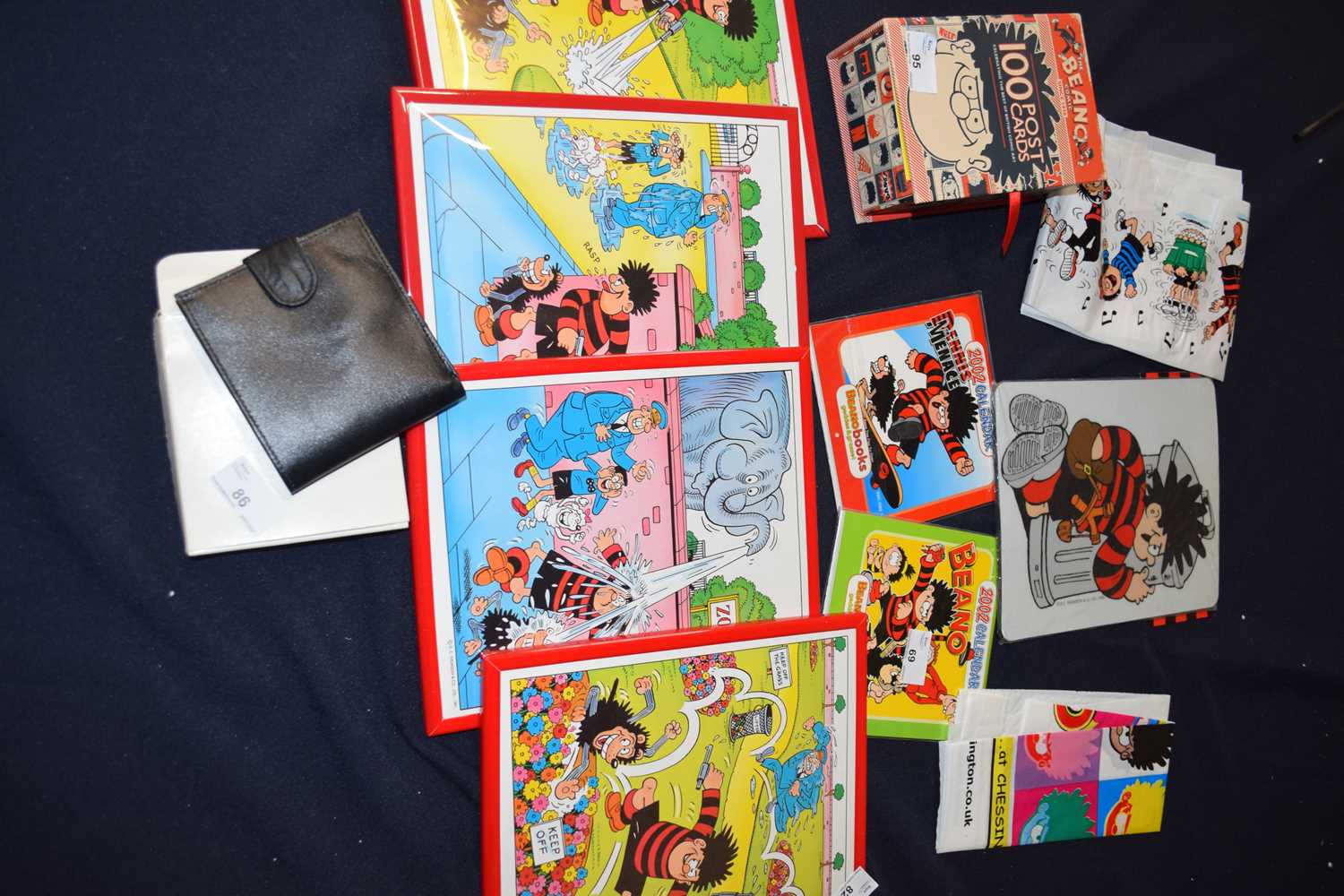 9 'The Beano' Collectors items to include, 3 framed prints, mouse mat, gift bags and desk Calendars