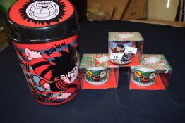 4 Dennis the Menace colletors items 2 x christmas Jumbo Cups, XMAS character mug and paper bin