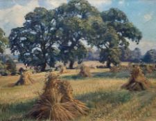 Wilfred Stanley Pettitt, (British, 20th century), Haystacks, oil on board, signed, 8.5x10ins,