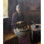 British School, 19/20th Century, Woman peeling potatoes by a window, oil on canvas,17x15ins, framed