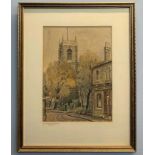'St. Michael's at Coslany, Norwich', watercolour and ink, indistinctly signed, 12x8.5ins, framed and