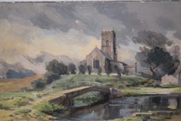 Richard Edgar Platt (British, 20th century), 'View of Glandford Church with bridge to foreground',